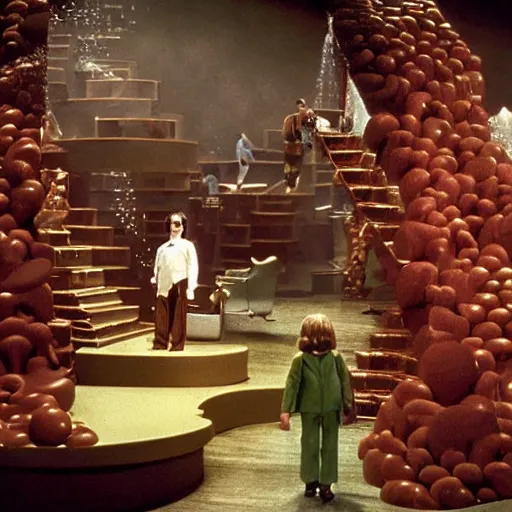 Prompt: a chocolate waterfall. Cinematic, volumetric lighting. Scene from 1971 film Willy Wonka & the Chocolate Factory