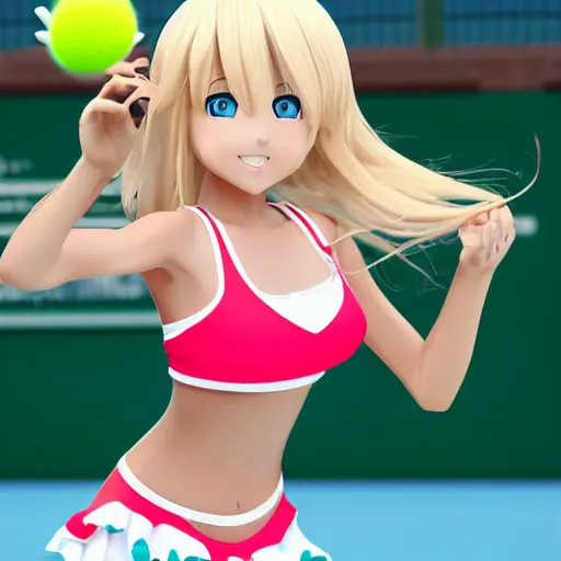 Image similar to a very beautiful young anime tennis girl, full body, long wavy blond hair, sky blue eyes, full round face, short smile, bikini, miniskirt, highly detailed, photograph
