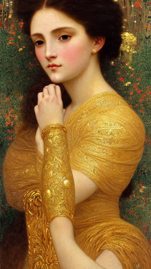 Prompt: painting portrait of a beautiful woman like an ancient goddess, intricate, elegant, digital painting, smooth, sharp focus, shiny gold, realistic gold, realistic metal, by William-Adolphe Bouguereau and Gustav Klimt,