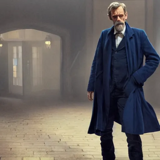 Image similar to hugh laurie as a rough dirty old man with a scruffy beard in a dark blue trenchcoat as the new doctor who, cinematic, volumetric lighting, f 8 aperture, cinematic eastman 5 3 8 4 film, photorealistic by greg rutkowski, by stanley artgerm, by alphonse mucha