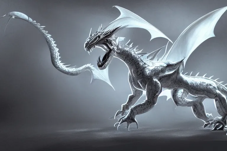 Prompt: full body digital illustration of a baby silver dragon, studio lighting, concept art, matte background, deviantArt, artstation