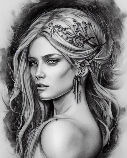 Image similar to tattoo sketch of beautiful greek goddess aphrodite with arrowhead earrings, beautiful piercing eyes, flowing blonde hair, realistic face, hyper realistic, in the style of greg rutkowski, fantasy, amazing detail, epic, intricate, elegant, smooth, sharp focus