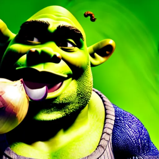 Image similar to a stock photo of shrek eating an onion, 8 k, ultra - realistic, white background, face cluse - up, studio lighting