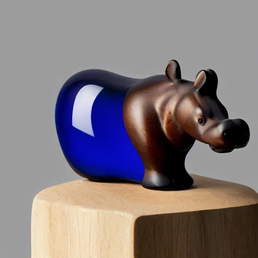 Prompt: a zoomed out studio product shot of a rounded carved smooth cherry wood and blue resin hippopotamus, in profile, like a catalog photograph, mostly wood, with a smooth featureless minimalist look