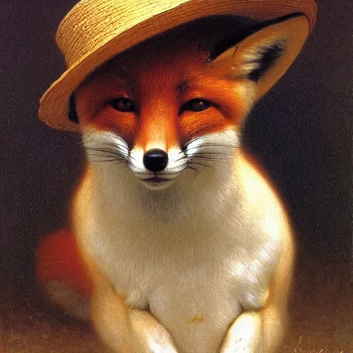 Image similar to A portrait of a fox in a straw hat by William-Adolph Bouguereau and Robert Cleminson; animal wearing a hat, fox wearing a hat