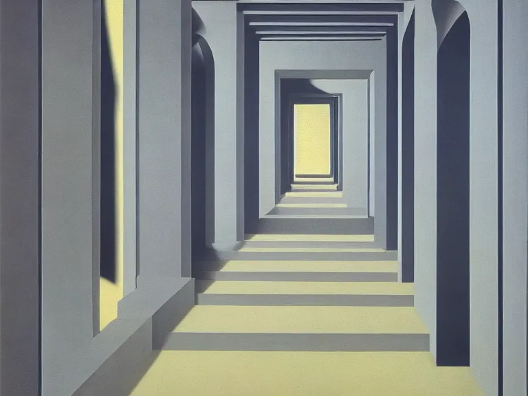 Prompt: infinite endless hallway painting by rene magritte, high detail, high resolution