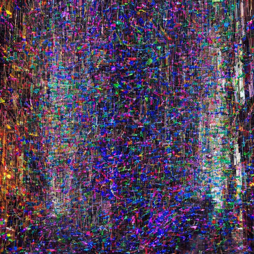 Prompt: a few thin streams of microscopic multi-colored glitter twist and twirl in a light breeze above the narrow streets of a cyberpunk city