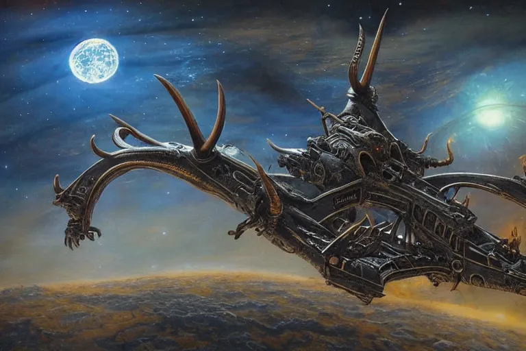 Image similar to baphomet spaceship!!!!! with antler made with porcelain by jeff easley and peter elson, galaxy, gothic, surreal, dread scary spaceship, highly detailed, intricate complexity, epic composition, magical atmosphere, masterpiece, award winning, trending on artstation