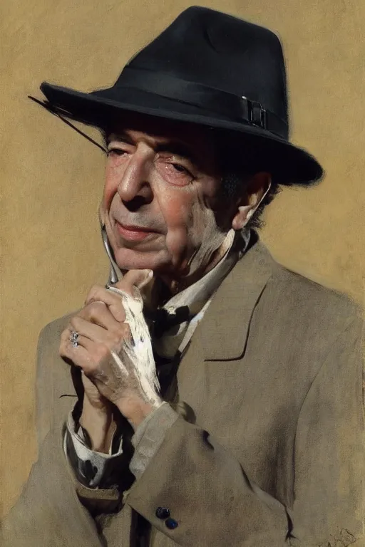 Image similar to Leonard Cohen, wearing a trilby hat, portrait by John Singer Sargent, Frank McCarthy, Robert McGinnis