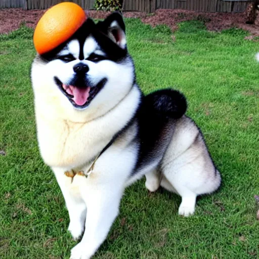 Prompt: photo of an akita inu made out of oranges