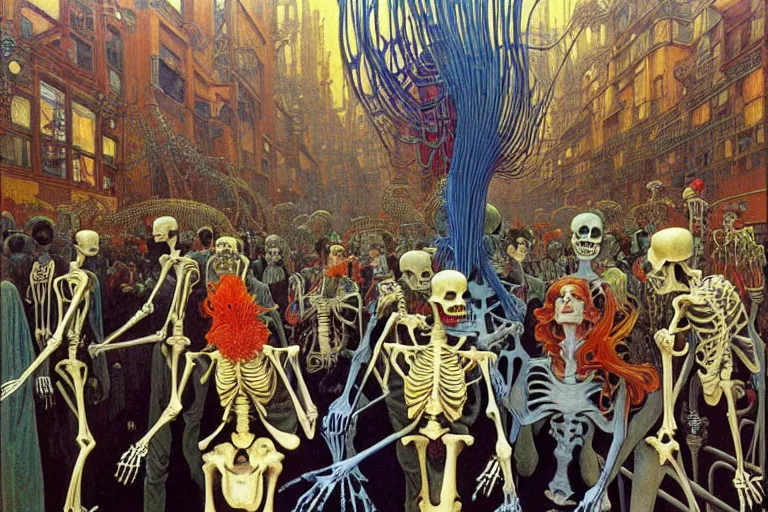 Prompt: realistic detailed portrait painting of a skeleton in a crowded futuristic street by Jean Delville, Amano, Yves Tanguy, Alphonse Mucha, Ernst Haeckel, Edward Robert Hughes, Roger Dean, rich moody colours, blue eyes