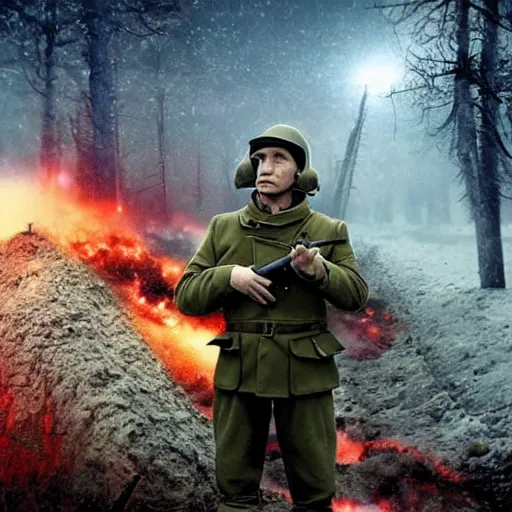 Prompt: Vladimir Putin,fighting in the trenches, somewhere in Ukraine, in the style of retro futurism 4K