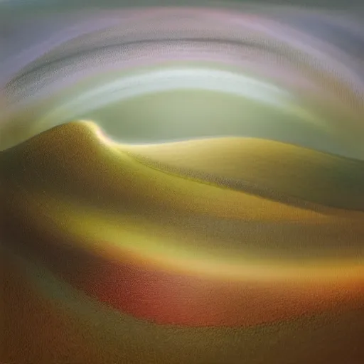 Prompt: an ethereal audio wave winding across an undulating landscape, subtle, high detail, airbrush, chromatic abrasion