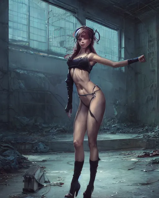 Prompt: daniel gerhartz and artgerm detailed portrait digital rococo painting of a beautiful woman wearing streetwear clothing, abandoned warehouse interior in the background, unreal engine, hyper realism, realistic shading, cinematic composition, blender render, octane render, hdr, detailed textures, photorealistic, ultrawide shot, 3 5 mm film