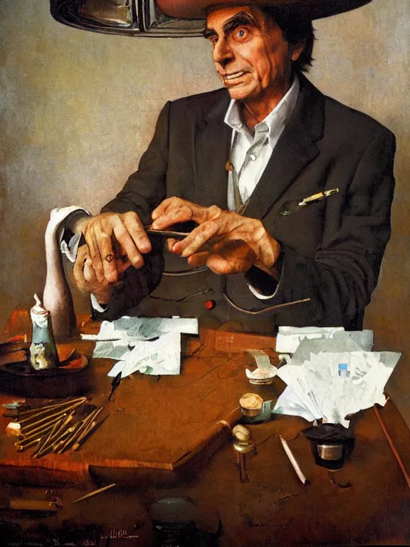 Image similar to portrait of carl sagan rolling a joint, in a style blend of norman rockwell and frederick remington and mort kunstler, oil painting, volumetric lighting, intricate details