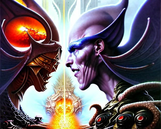 Image similar to the battle between the armies of good and evil, fantasy character portrait made of fractals facing each other, ultra realistic, wide angle, intricate details, the fifth element artifacts, highly detailed by peter mohrbacher, hajime sorayama, wayne barlowe, boris vallejo, aaron horkey, gaston bussiere, craig mullins