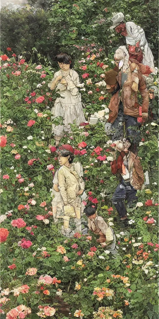 Image similar to oil painting scene from gardeners in the flower garden by kim jung gi