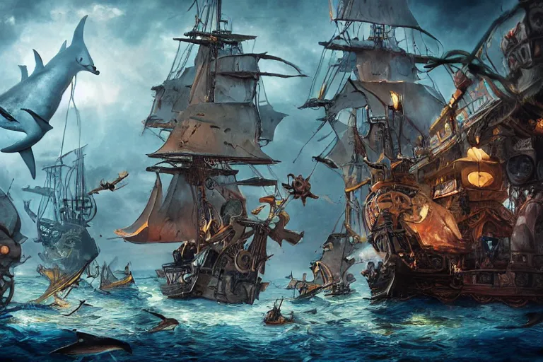 Image similar to elaborate pirate ship surrounded by sharks, low angle, digital painting, mixed media, trending on artstation and deviantart, epic composition, highly detailed, 8 k