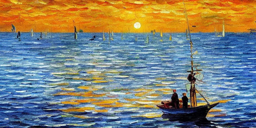 Image similar to rising sun ( ( ( fishing cormorant, fishing boat ) ) ) on the naples bay, by leonid afremov and van gogh and moebius, sharp details