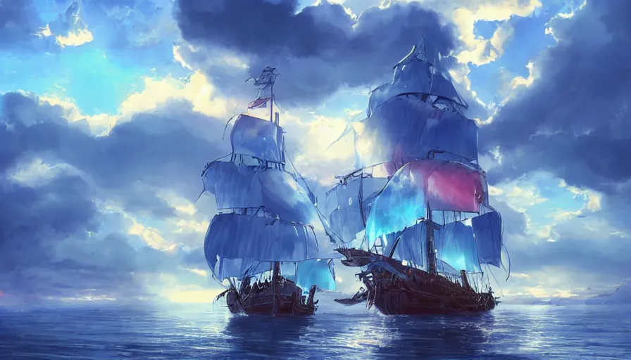 Prompt: pirate ship sailing, boisterous heaven, raging sky, sun lighting through clouds, with blue light piercing through clouds, makoto shinkai, royal blue colors, lighting refraction, volumetric lighting, pixiv art, highly detailed, anime art, symmetrical, wlop, anime art