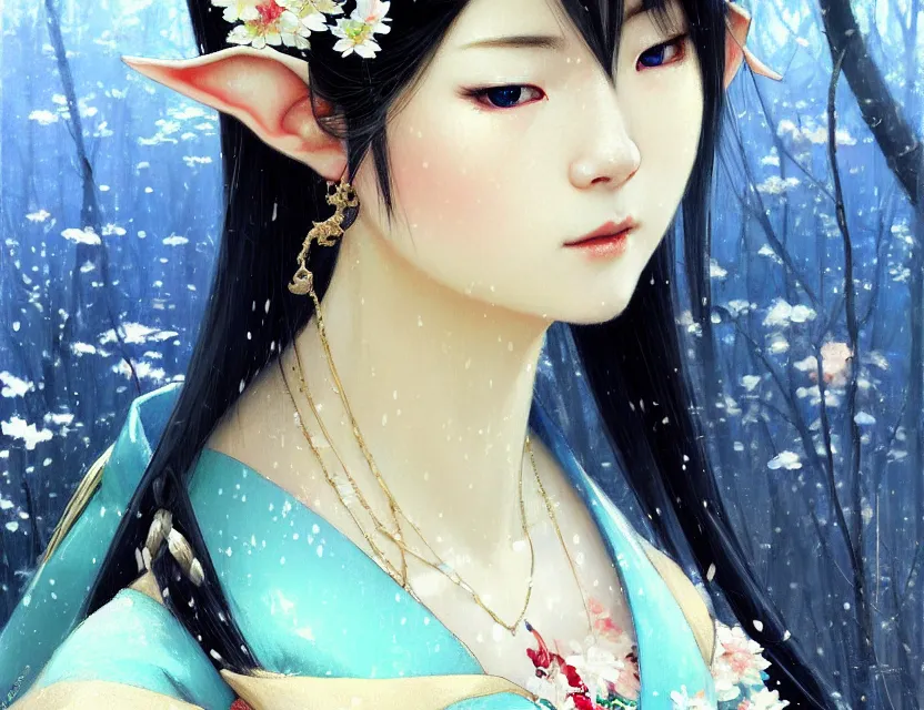 Image similar to a beautiful shibuya 1 0 9 female elf with haori and kimono decollete and jewelry | | snowy, realistic shaded, unpleasant face, channel, fasion, fine details, realistic shaded lighting poster by makoto shinkai, jeremy lipkin, michael garmash, magali villeneuve, artgerm, jeremy lipkin and michael garmash