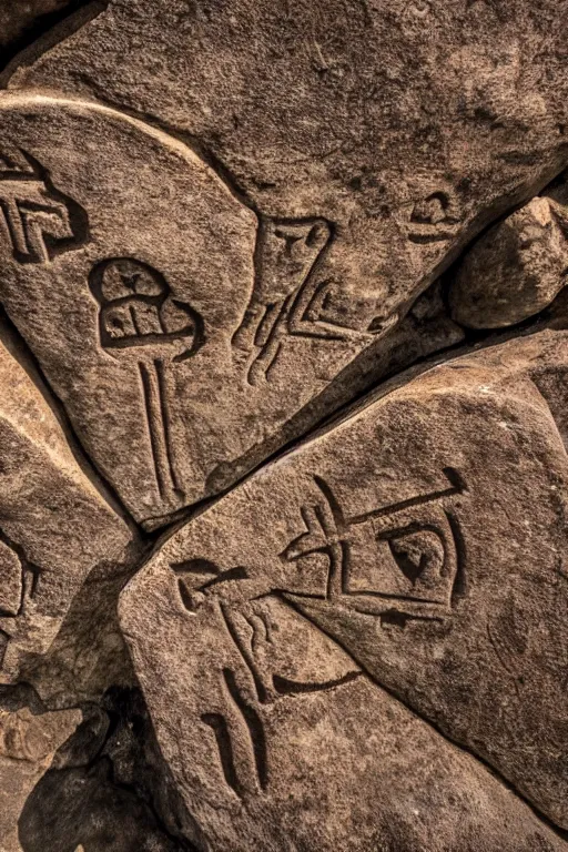 Image similar to 4 k photography of petroglyphs representing crosses, ufo, yin yang symbol on a cave