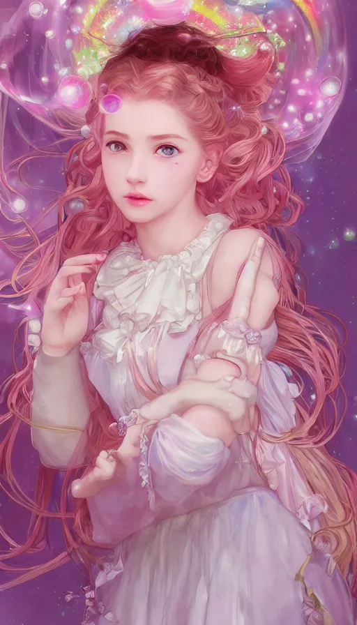 Image similar to portrait of magical lolita girl, dreamy and ethereal, expressive pose, big pink eyes, exciting expression, fantasy, intricate, elegant, many rainbow bubbles, rose tones, highly detailed, digital painting, artstation, concept art, cyberpunk wearing, smooth, sharp focus, illustration, art by artgerm and greg rutkowskiand alphonse mucha