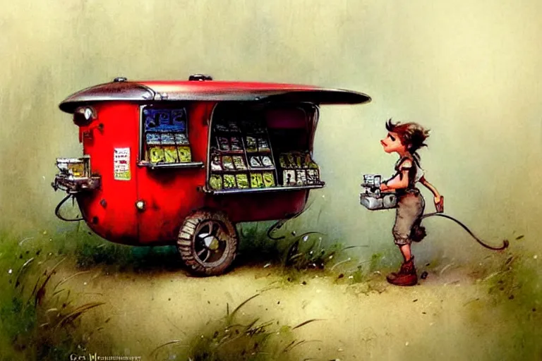 Image similar to adventurer ( ( ( ( ( 1 9 5 0 s retro future robot mouse vending machine wagon house. muted colors. ) ) ) ) ) by jean baptiste monge!!!!!!!!!!!!!!!!!!!!!!!!! chrome red