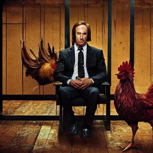 Prompt: saul goodman and a rooster in a saw movie torture chamber, jigsaw, saul goodman, rooster, photo