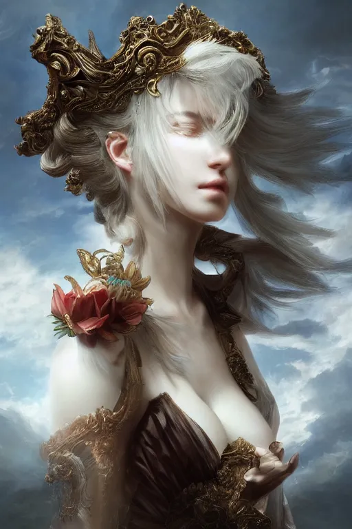 Prompt: final fantasy, dramatic, elaborate emotive Baroque and Rococo styles to emphasize beauty as a transcendental, 8k image, ultra-realistic, the style of WLOP