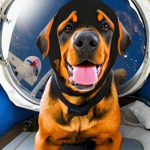 Image similar to a rottweiler dog wearing an astronaut helmet in space