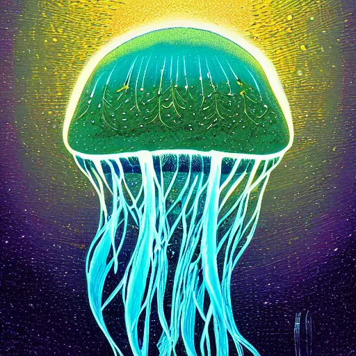 Prompt: A jellyfish by Dan Mumford, detailed, 8K, atmospheric