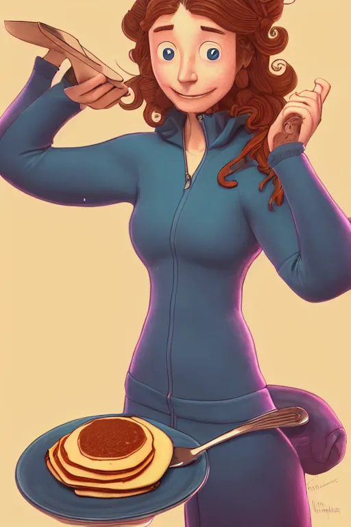 Image similar to katherine taubert making pancakes, animation pixar style, by pendleton ward, magali villeneuve, artgerm, rob rey and kentaro miura style, golden ratio, trending on art station