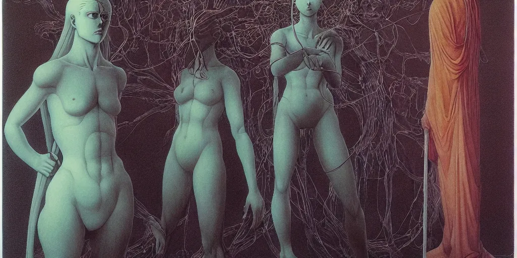 Image similar to the three fates akira anime, manga oil paint risograph gottfried helnwein beksinski aurora lighting carl spitzweg tokio aoyama david normal alex grey pablo amaringo mati klarwein detailed sculpture