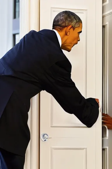 Prompt: a close up photo of obama aggressively opening a door