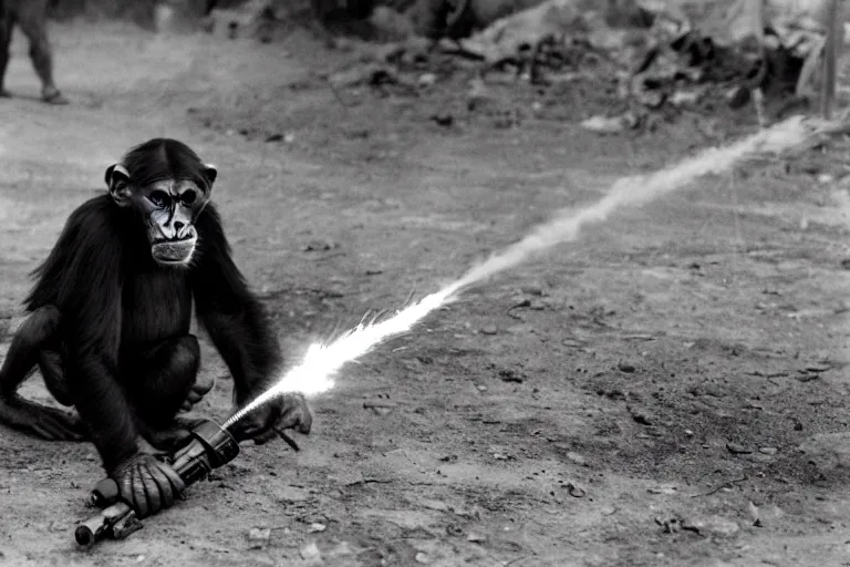 Image similar to chimp using a flame thrower in world war 2