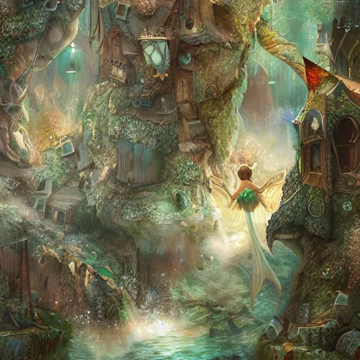 Image similar to **A elf and fairy world, hyper detailed, matte painting, book illustration, paper texture, fairy dust, post processing