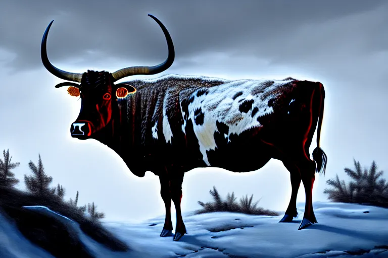 Image similar to an winter painting of a longhorn steer on a high bluff, key visual, concept art, extremely moody lighting, highly detailed, digital painting, artstation, unreal engine