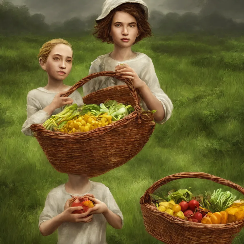 Prompt: portrait of single beautiful child holding a basket of vegetables, green farm lands behind, elegant, highly detailed, digital painting, concept art, smooth, sharp focus, illustration, divine realm of gods, realistic cinematic style, filmed in 70mm, volumetric lighting, octane render, photographic, concept art, artist Dr Zeus, unreal engine 8k