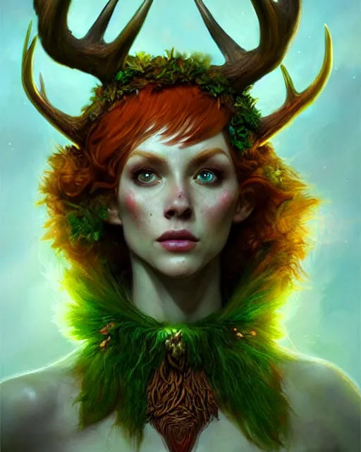 Image similar to keyleth, female druid, perfect face, thin antlers, green halter top, ginger hair, abs, cinematic, freckles, stunning, athletic, strong, agile, highly detailed, psychedelic, digital painting, artstation, smooth, hard focus, illustration, art by jessica rossier and and brian froud