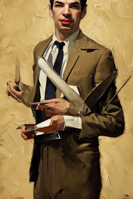 Image similar to nathan fielder, painting by jc leyendecker!! phil hale!, angular, brush strokes, painterly, vintage, crisp