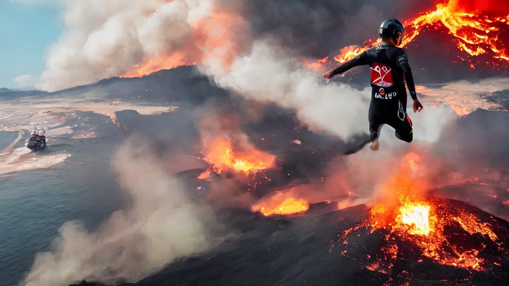 Image similar to person wearing a sponsored team jersey with logos jumping out of a helicopter with a surfboard into a volcano, action shot, dystopian, thick black smoke and fire, sharp focus