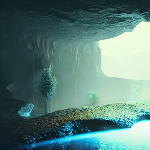 Image similar to light is mine to travel,beyond time ,the cathedrals in a underground vast cave canyon grotto of life the beginning , geological strata,ground mist, falling water,deep clear pools of water, hyper-maximalist,micro details, 3d sculpture,,digital rendering,octane render , 4k, artstation, concept art ,amazing lighting, f32,deep depth of field,photographic, wide angle,cinematic lighting