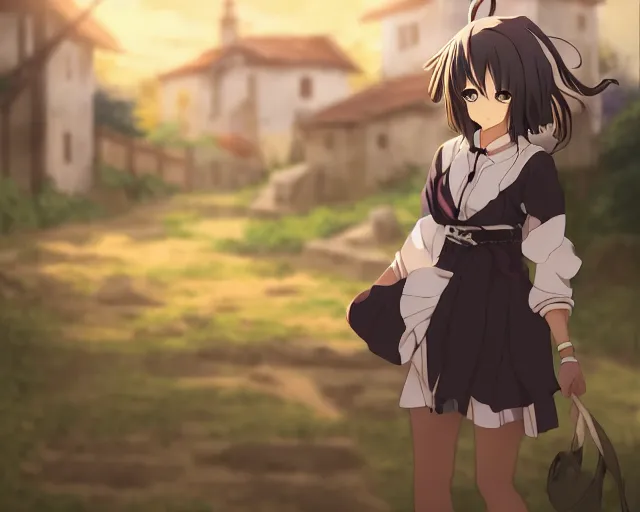 Image similar to key anime visual portrait of a young female in a village, dynamic pose, dynamic perspective, cinematic, dramatic lighting, muted colors, detailed silhouette, textured, finely detailed eyes, anime proportions