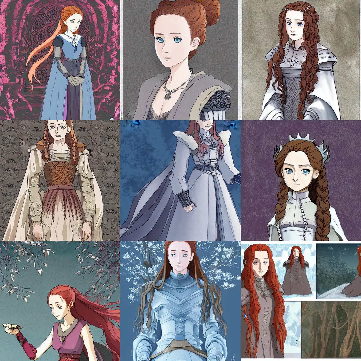 Prompt: sansa stark by studio ghibli, anime, highly detailed, intricate fantasy environment