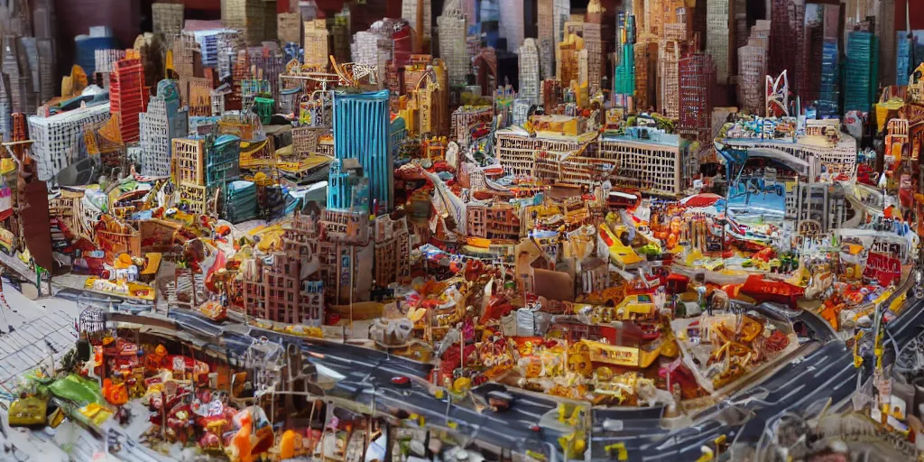 Image similar to a model of manhatten constructed out of fast food, diner food, pastries, miniature photography, diorama, wide - angle macro lens, art, award - winning, beautiful high resolution