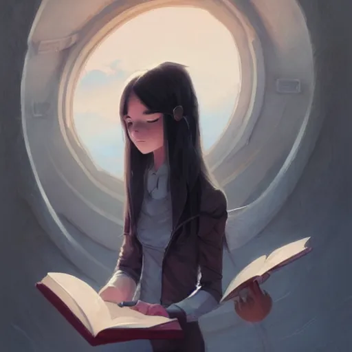 Image similar to a pixar girl reading a book, long hair flowing down, symmetrical, style of by Jordan Grimmer and greg rutkowski, crisp lines and color,