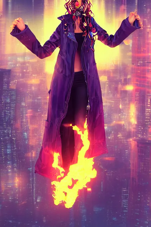 Prompt: young teen with purple tentacled hair, with red flames dancing on her hands with a long jacket in a cyberpunk city, realistic, high definition, 4K, shimmering color, digital art, Instagram filters, Photoshop, Adobe Lightroom, Adobe After Effects, taken with polaroid kodak portra