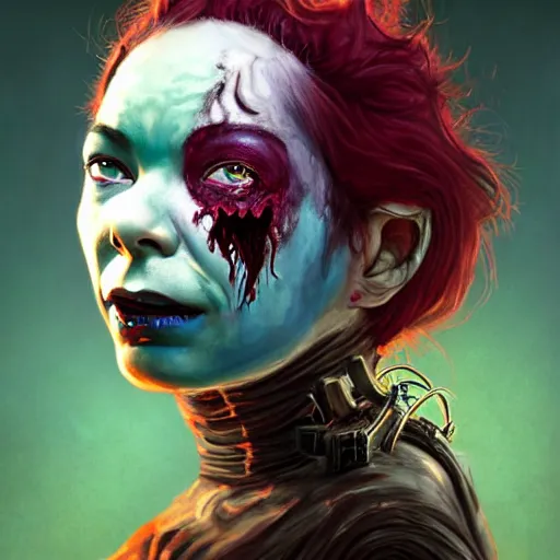 Prompt: color head portrait of bjork as a zombie, 7 days to die zombie, gritty background, fine art, award winning, intricate, elegant, sharp focus, cinematic lighting, digital painting, 8 k concept art, art by michael hussar, art by brom, art by guweiz and z. w. gu, 8 k