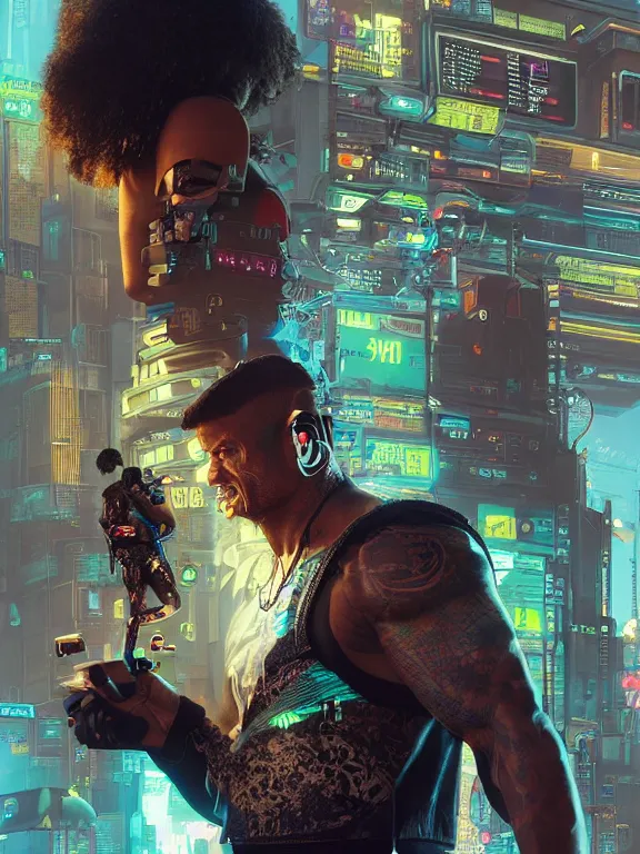 Image similar to a cyberpunk 2077 portrait of Dwayne Johnson carrying a female android complex mess of cables and wires behind them connected to giant computer, love,film lighting, by laurie greasley,Lawrence Alma-Tadema,William Morris,Dan Mumford, trending on atrstation, full of color, highly detailed,8K, octane, Digital painting,golden ratio,cinematic lighting